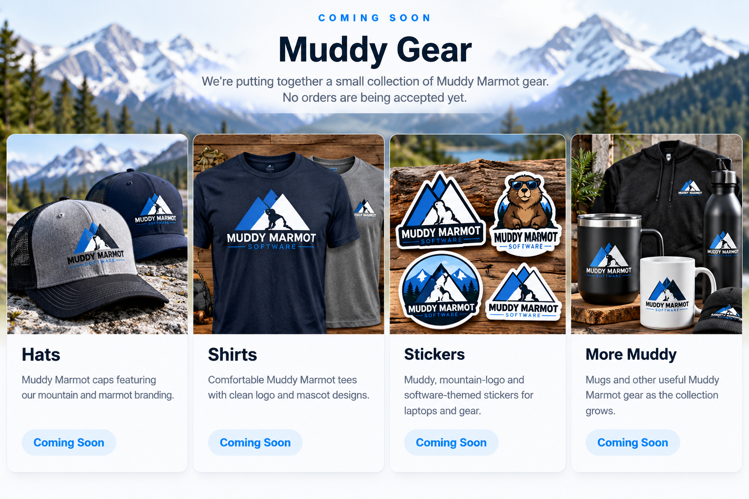 Muddy Marmot Software hats, shirts, stickers, mugs and branded gear